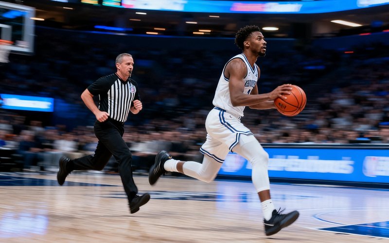 NBA常规赛直播画面，篮球运动员在场上快速推进，裁判紧随其后